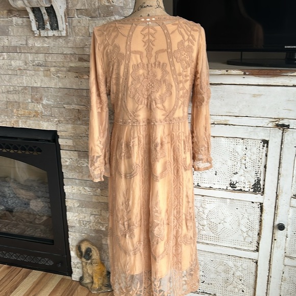 Orange Creek lined lace embroidered scalloped hem boho hippie dress tan/orange - Picture 10 of 16